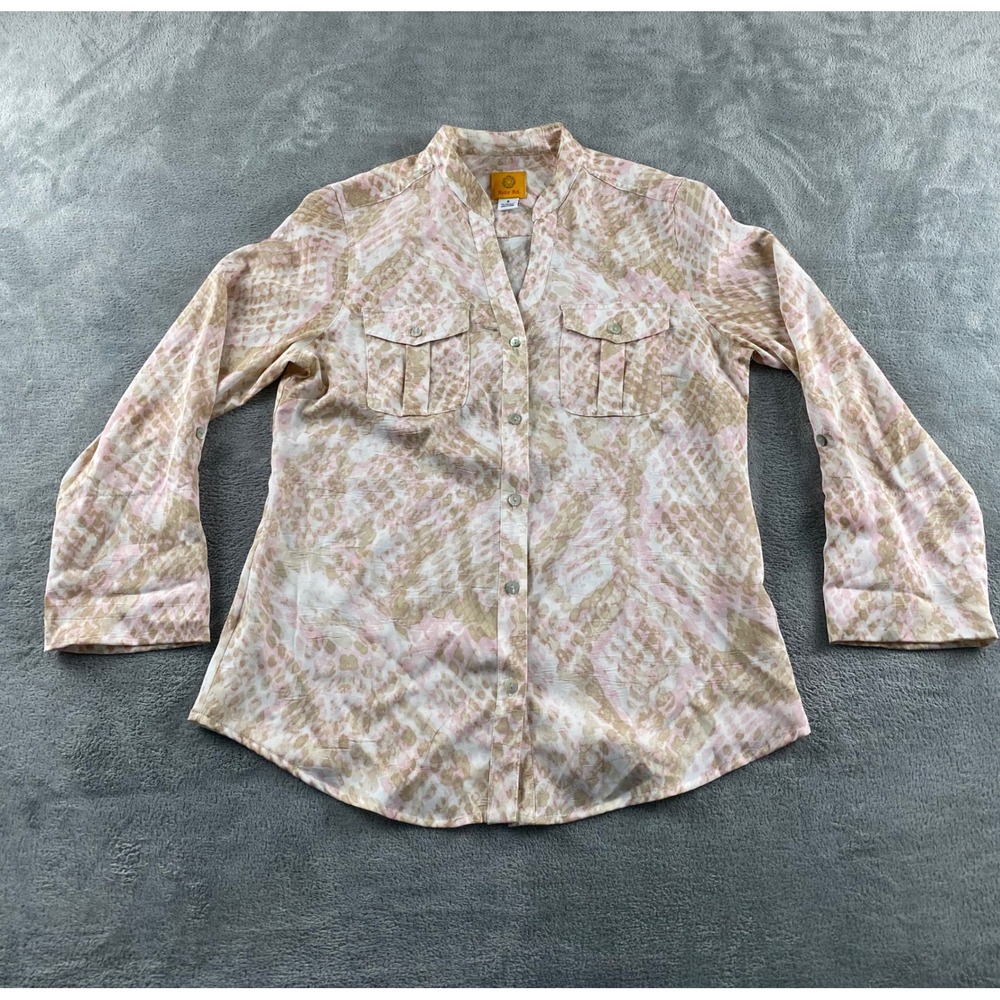 Ruby Rd Pink Tan Snakeskin Print Roll Tab Sleeve Button Down Blouse Size 8